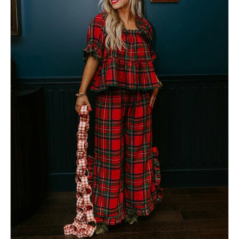 Setelan Loungewear Natal Wanita Combhasaki Motif Kotak-kotak Y2K Atasan Babydoll Lengan Mengembang Celana Lebar Berbelah Ruffle Piyama Natal Motif Gingham