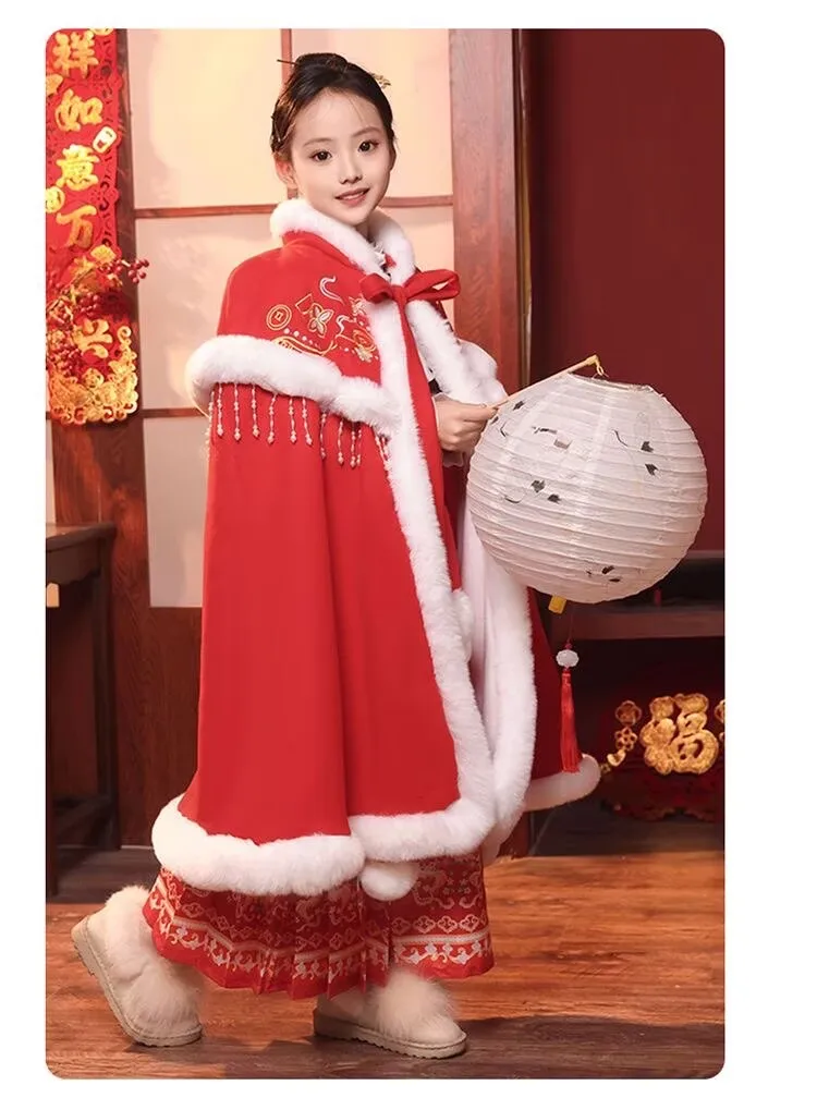 Winter Floral Embroidery Cape Fringe Plush Cloak for Children