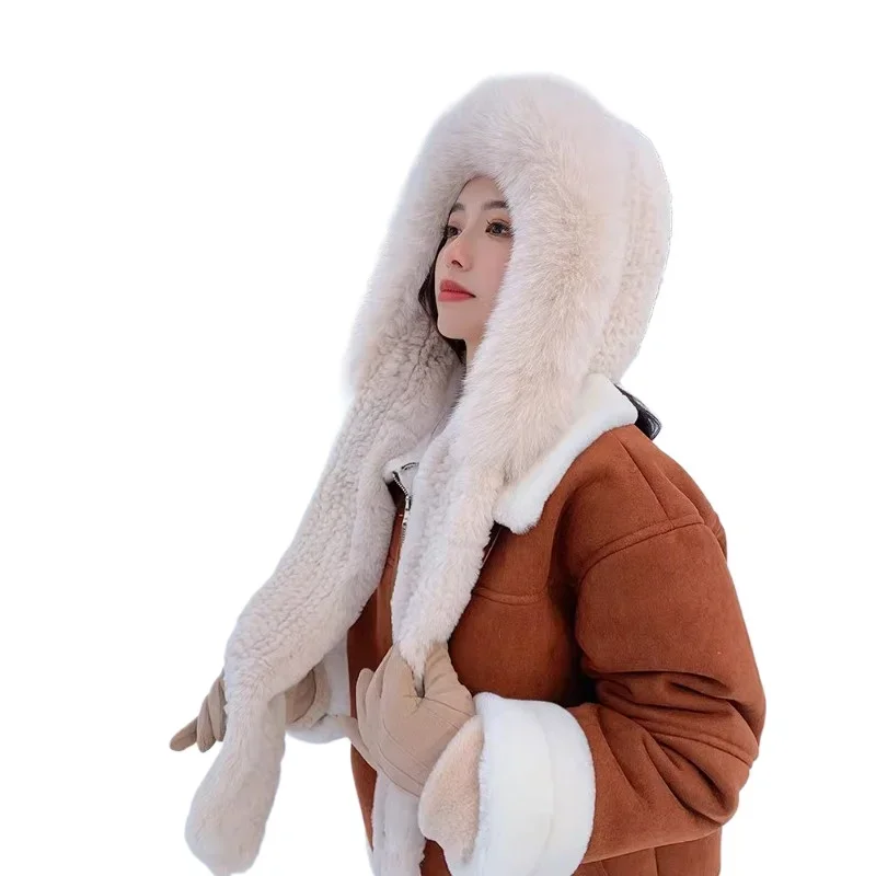 Rex rabbit fur fashion big-name hat double-sided scarf integrated snow hat women's winter fox hair warm hat