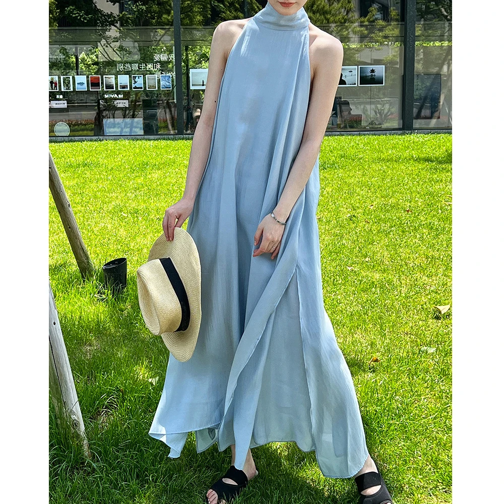 2025 New Arrival bez rękawów Halter Neck kobiety lato luźny styl linia A długa sukienka Boho elegancka sukienka Maxi Vestidos ubrania