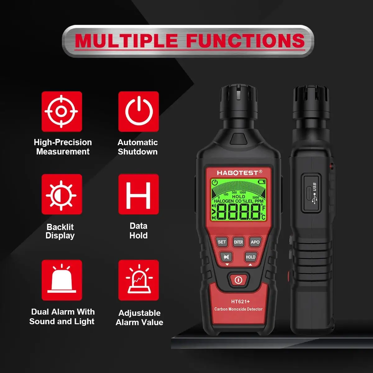 HABOTEST HT621 + مقياس أول أكسيد الكربون مع جهاز اختبار غاز ثاني أكسيد الكربون عالي الدقة كاشف قياس الصوت والضوء إنذار 0 ~ 5000ppm