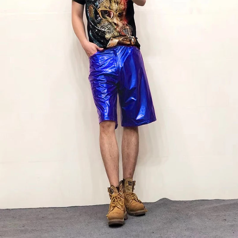 Men\'s Solid Color Shiny Faux Leather Elastic Shorts Male Chic Casual Patent Leather Short Pants New Summer Street Short Trousers