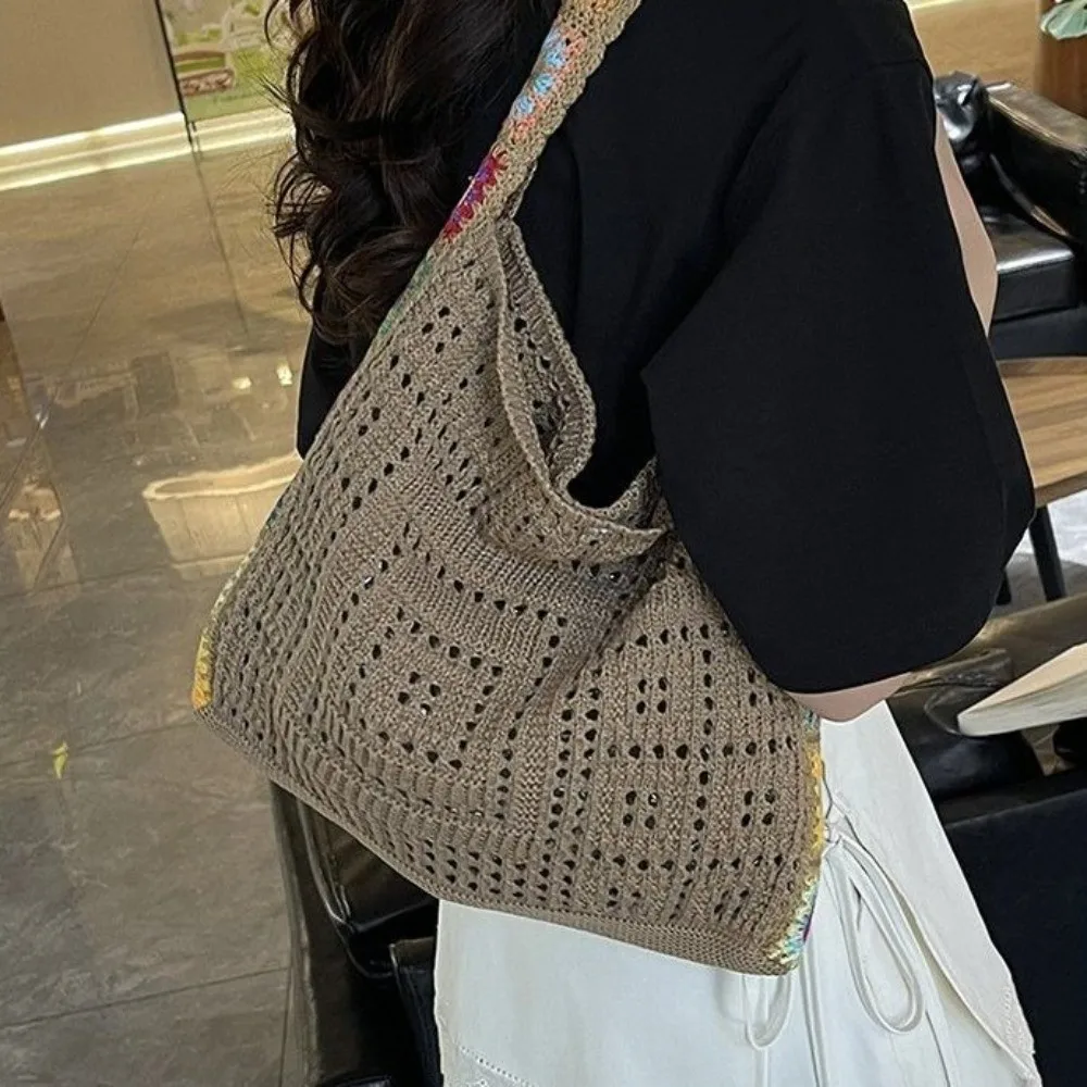 

Однотонная вязаная сумка через плечо в богемном стиле, ажурная сумка-тоут, вместительная сумка для хранения мелочей, сумка для покупок