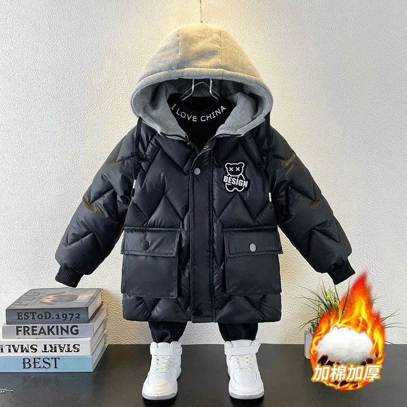 Winter Boys Hooded Down Jacket Kid Zipper Thick Glossy Fabric Coat Children Letter Print Outdoor Sport Casual Clothes