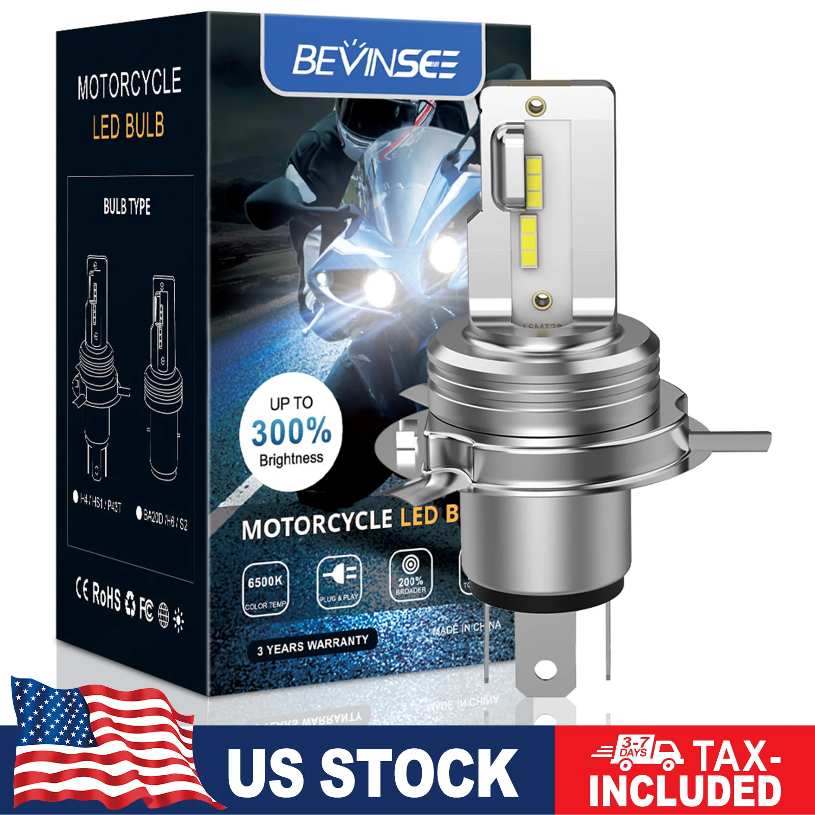 

BEVINSEE H4 9003 светодиодная лампа для мотоциклетных фар, неполярная светодиодная лампа постоянного/переменного тока 12 В Hi/Lo Beam для мотоцикла Honda Kawasaki Yamaha