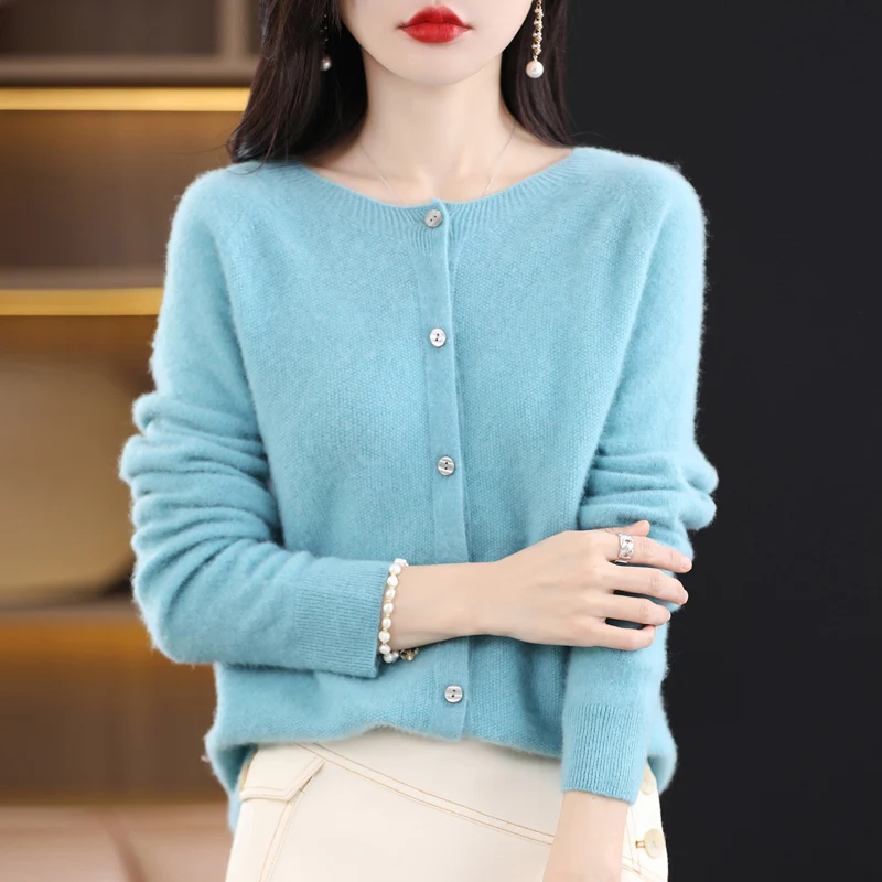 Spring and autumn new women\'s 100% wool knitted cardigan coat loose O-neck sweater coat fashion solid color coat