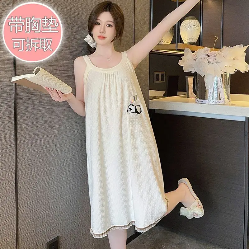 

M-5XL Large Size Women Pajamas Dress with Chest Pads Summer Cotton Loose Tank Dress Nightgown Korean Cute Cartoon Loungewear