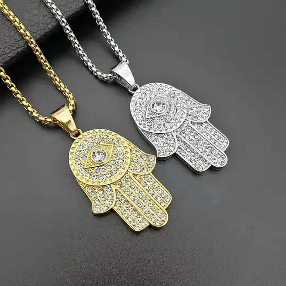 Turecki Evil Eye Hamsa Hand of Fatima naszyjnik złoty kolor stal nierdzewna Iced Out łańcuchy dla kobiet mężczyzn biżuteria Hip Hop