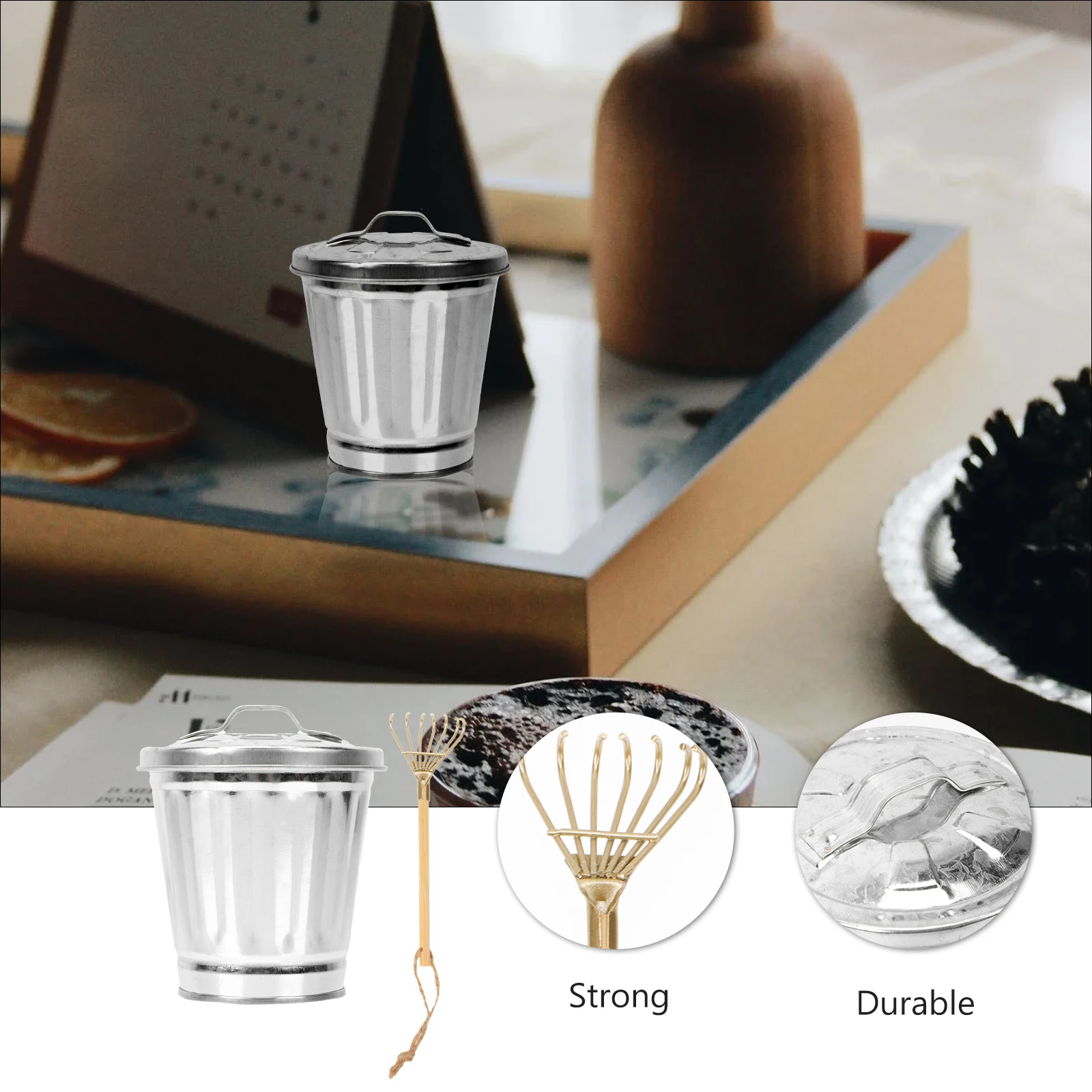

Iron Desktop Trash Can Firm Structure Fashion Shape Cover Prevent Smell Lightweight Portable Household Garbage