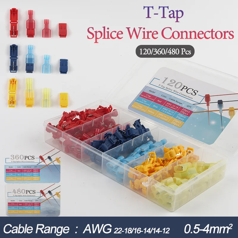

120/360/480Pcs T-Tap Splice Electrical Wire Connectors Quick Self-Stripping Splice Wire Terminals 22-18AWG 16-14AWG 14-12AWG