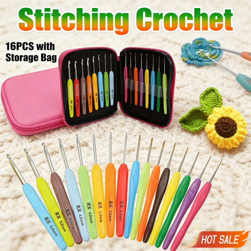 16pcs Stitching Crochet Soft Handle Plastic Thread Crochet with Storage Bag DIY Craft Handmade for Arthritic Hands Knitting Tool