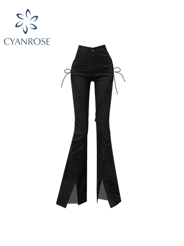 Black Flare Jeans Vintage Low Waisted Split Trousers Aesthetic Streetwear Casual Cargo Pants Women Korean Style Distressed Jean