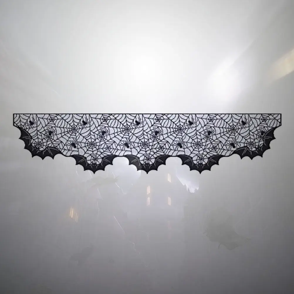 Black Lace Halloween Fireplace Scarf with Spider Web and Bat Design for Mantel Doorway Hutch Buffet Backdrop Decoration