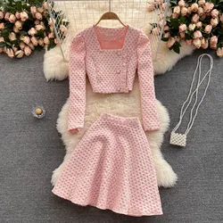 Pink Elegant Tweed Skirt Suit Women's 2022 New Fashion Two Piecehoundstooth Tiger Coat + Hip Skirt 2-piece Set Skirt Suit