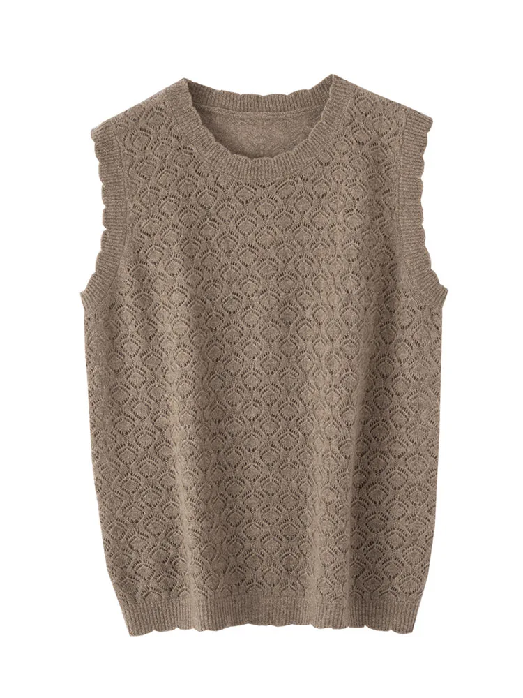 

Women Cashmere Vest Lace O-neck Pullover Hollow Out Sleeveless Sweater Autumn Winter 100% Cashmere Knitted Vintage Waistcoat Top