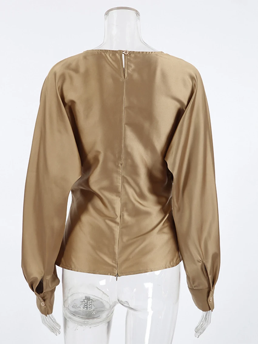 Koszula damska Parc Fee, luźny krój, khaki, casualowa, z okrągłym dekoltem, długi rękaw, elegancka, klasyczna, gładka bluzka, odzież damska, model 2026.