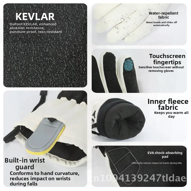 

Men's Kevlar Ski Gloves Winter Warm Waterproof 3M Thickened Outdoor Gloves with Built-in Wrist Guard for Women White Black S M L