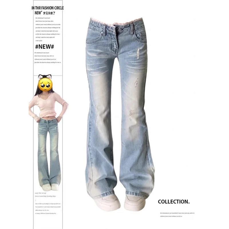 ZHIZOU Women's Low Rise Flare Jeans Japanese American Retro Jeans Korean Denim Pants Abi Y2k Bell Bottom High Street Grunge New