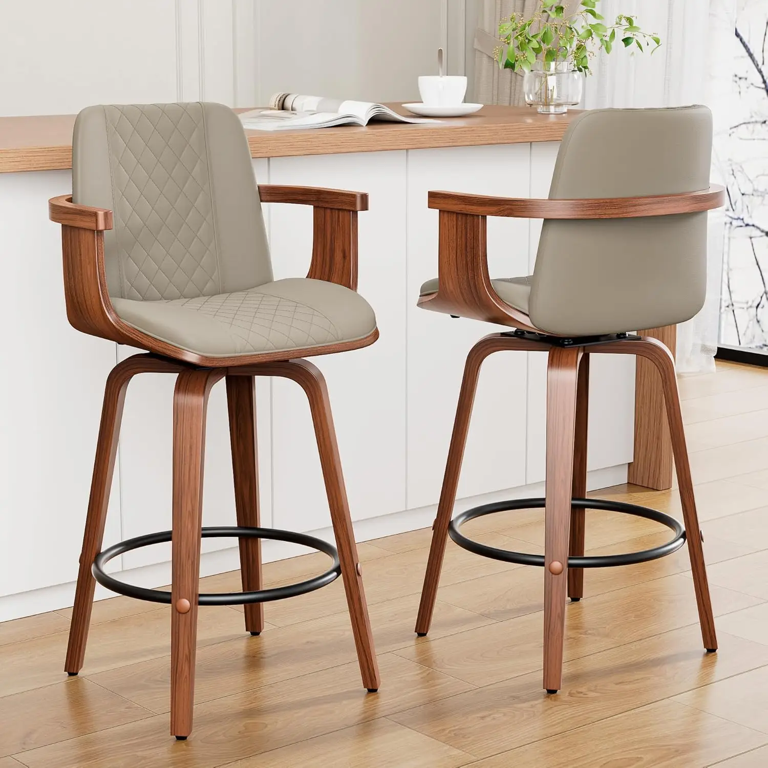 

26" Bentwood Bar Stools Set of 2 Arms Swivel PU Leather Back Footrest Counter Height Kitchen Island Greige, Customized