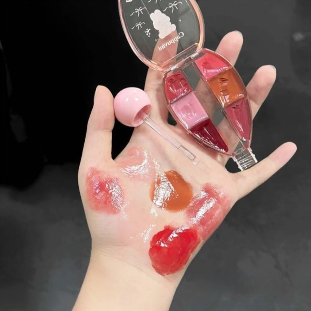 Fashion 6-Color Lip Tint Mirror Crystal Jelly Silicone Lip Brush Lip Gloss Makeup Palette Moisturizing Lip Makeup Gift