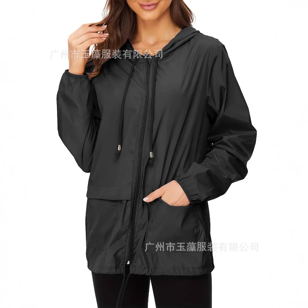 

2025 Women's Solid Color Water-Proof Windbreaker Lightweight Breathable Hooded Outdoor Jacket