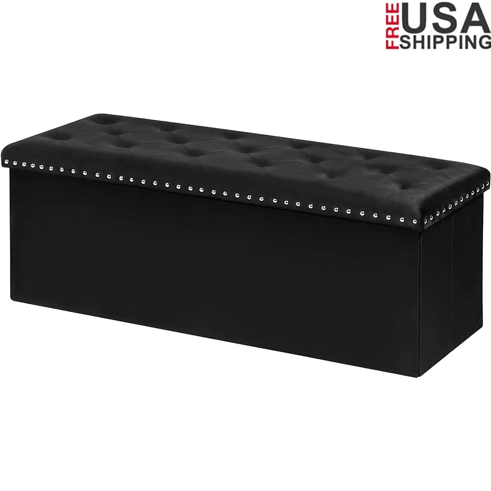 

Folding Storage Ottoman Bench Tufted Footrest Velvet Cushioned Toy Chest Multi-Purpose Compact Durable Stylish Furniture