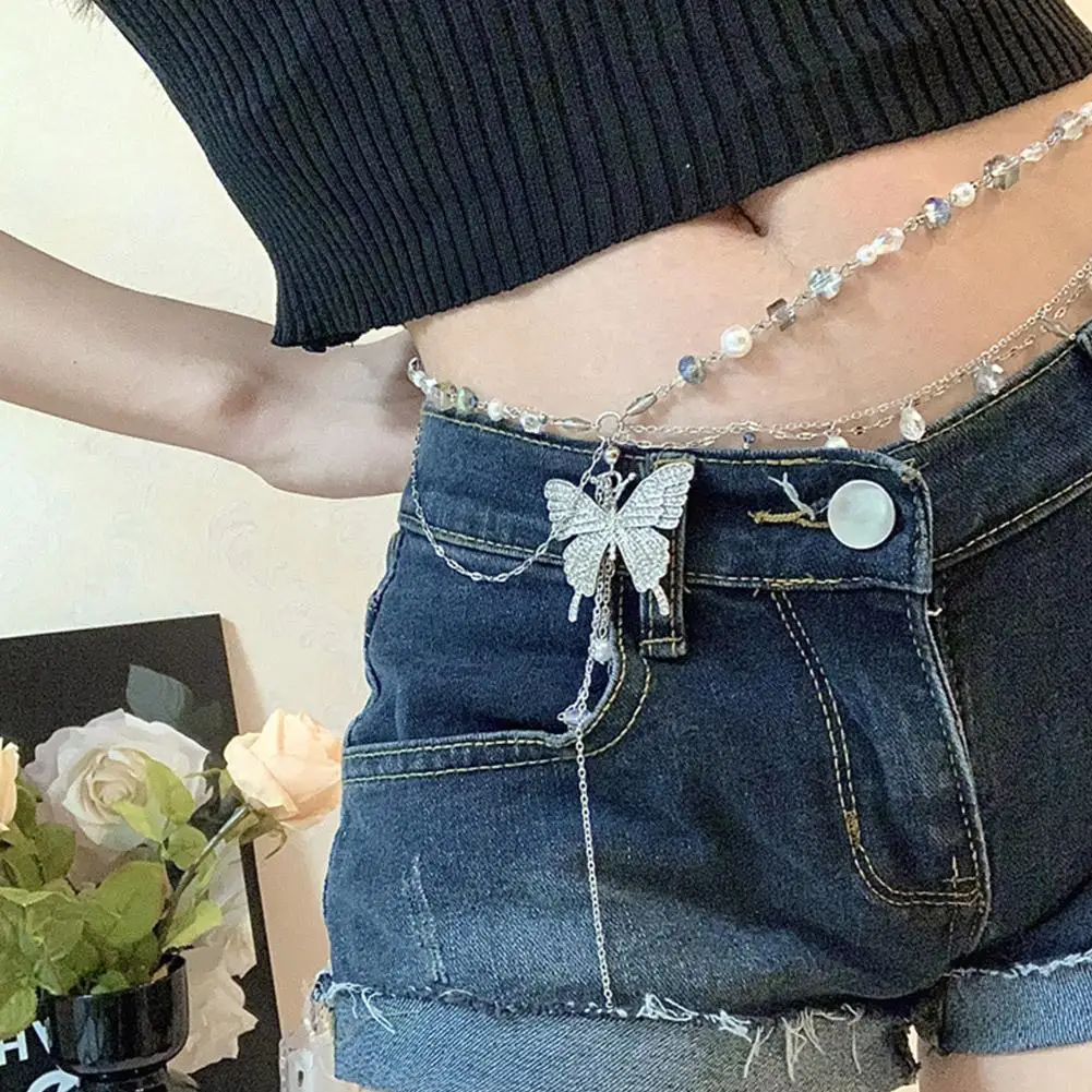

Модный блестящий пояс с украшением в виде бабочки, женское платье для девочек, пояс с цепочками, регулируемые украшения для ног в стиле панк, джинсы из металла B9V2