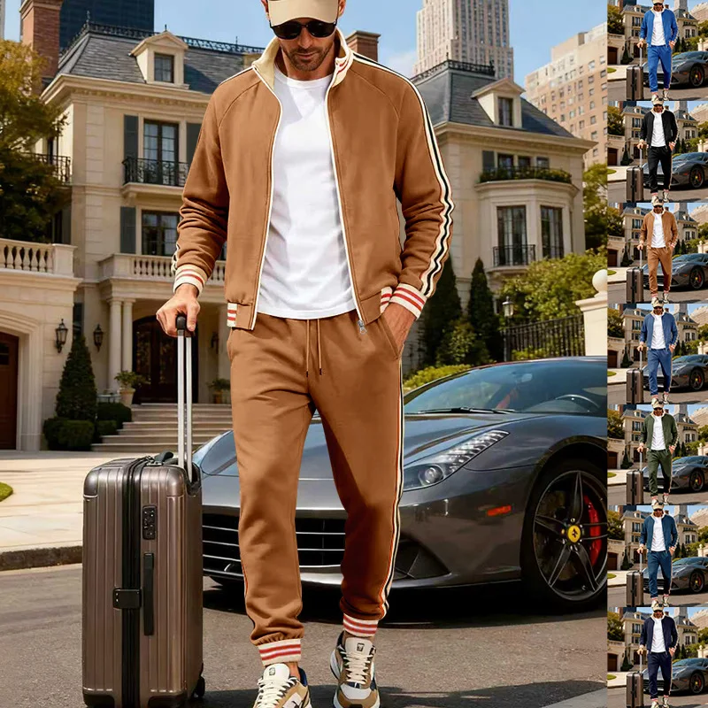 

Men's Striped Tracksuit Autumn Winter Color Block Stand Collar Fleece Jacket Jogger Pants Two Piece Suit