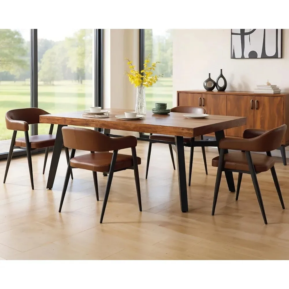 مجموعة كراسي بذراعين لغرفة الطعام الحديثة مكونة من 2، كراسي طعام منجدة من الجلد الصناعي القديم مع أذرع لهجة بنية في منتصف القرن #3