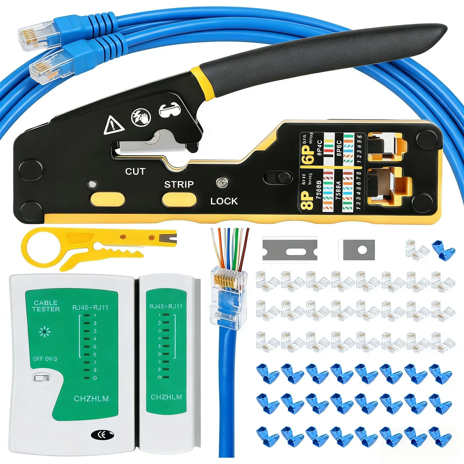 RJ45 Pass-Through Crimping Tool Ethernet Cable Crimper Cat5e Cat6 Cat6A 6P8P Network Wire Connector Tool Kit Professional