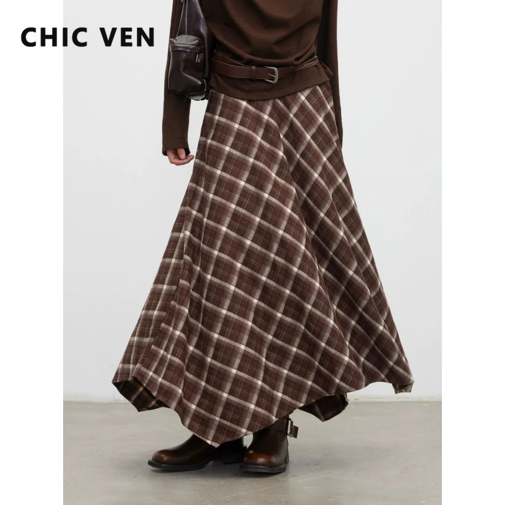 CHIC VEN New Women Skirts Loose Casual Retro High Waisted Office Ladies A-line Plaid Sanded Mid Length Skirt Spring Autumn 2026