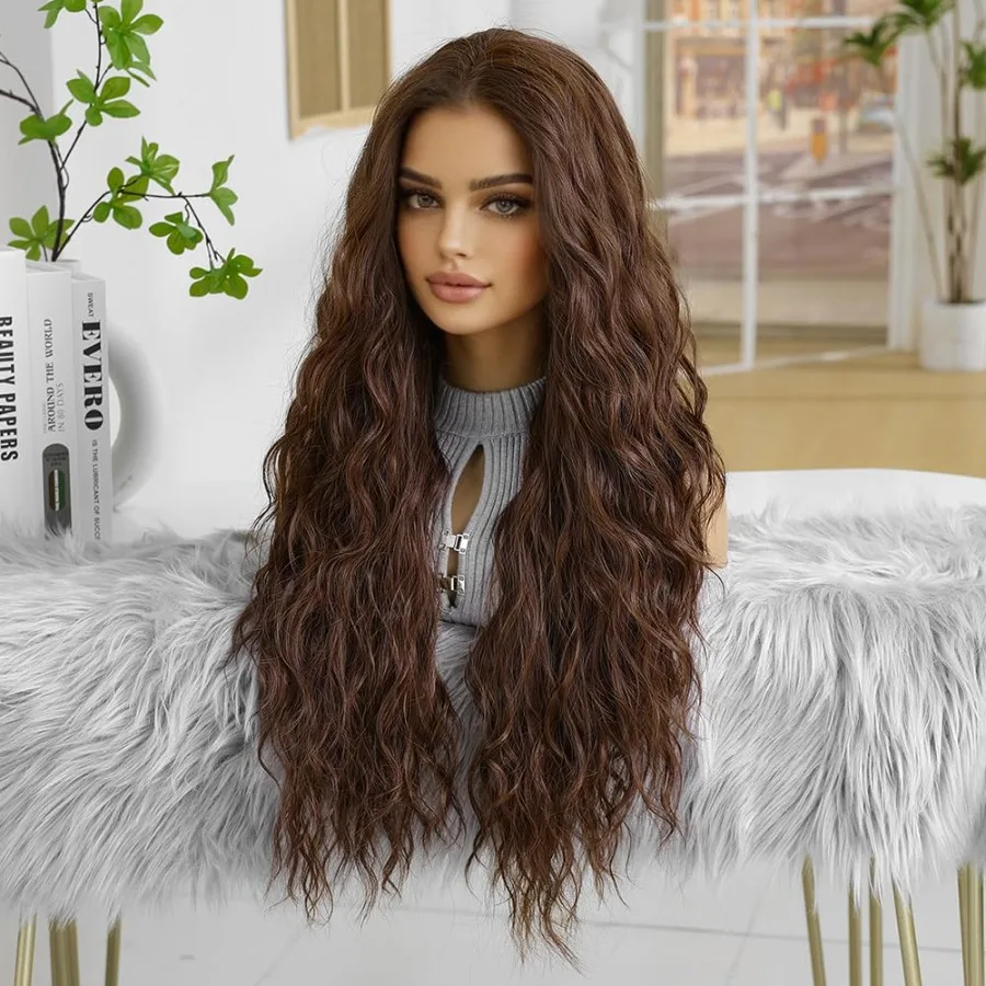 26 بوصة شعر مستعار موجة المياه للنساء شعر مستعار اصطناعي مجعد ارتداء البني والذهاب غلويليس استبدال الشعر المستعار للاستخدام اليومي Perfec