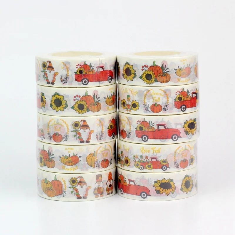 NEW 10PCS. Deco Sunflower Pumpkin Red Car Gnome Fall Washi Tapes for Gift Wrap Masking Tape Cute Journal Stationery Supply