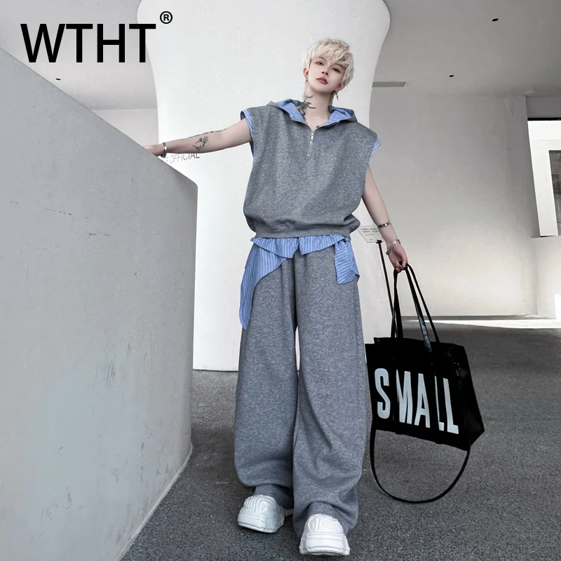 

WTHT Trendy Men's Suit Spliced Striped Hooded Zipper Design Vest Casual Loose High-waisted Straight Pants Set Male Summer 2A0249