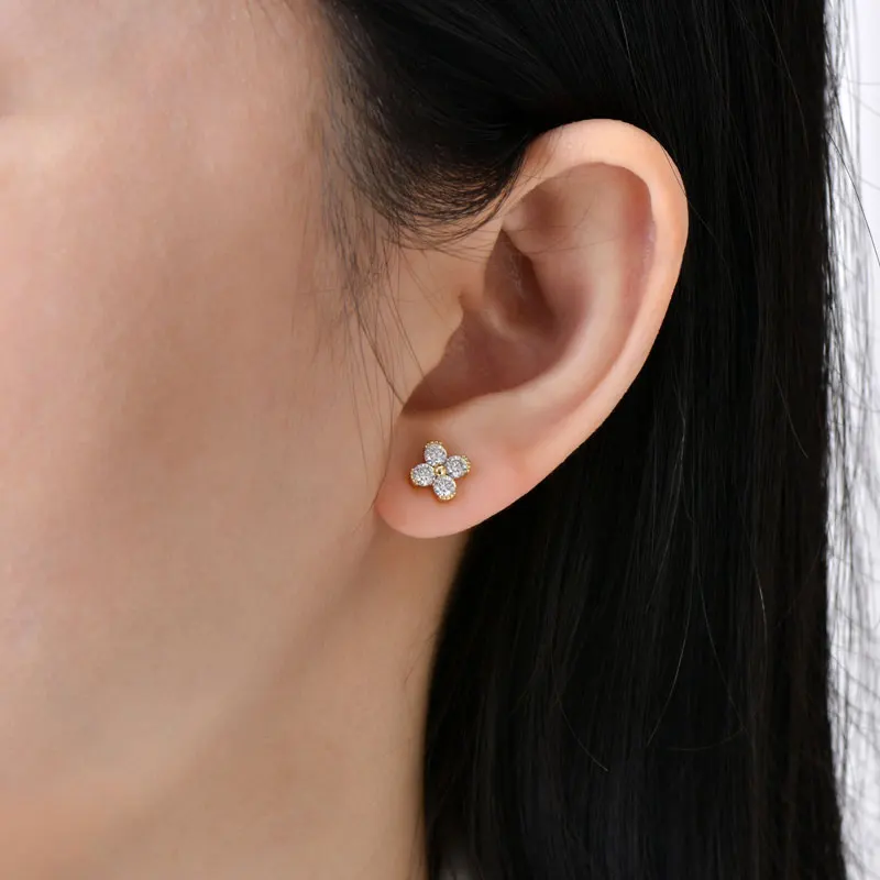 Lnngy 925 فضة كلاسيكي الأزهار قرط الاذن المرصع للنساء 3 مللي متر 0.1ct مويسانيتي مستديرة أقراط الماس لذيذ الأذن مجوهرات