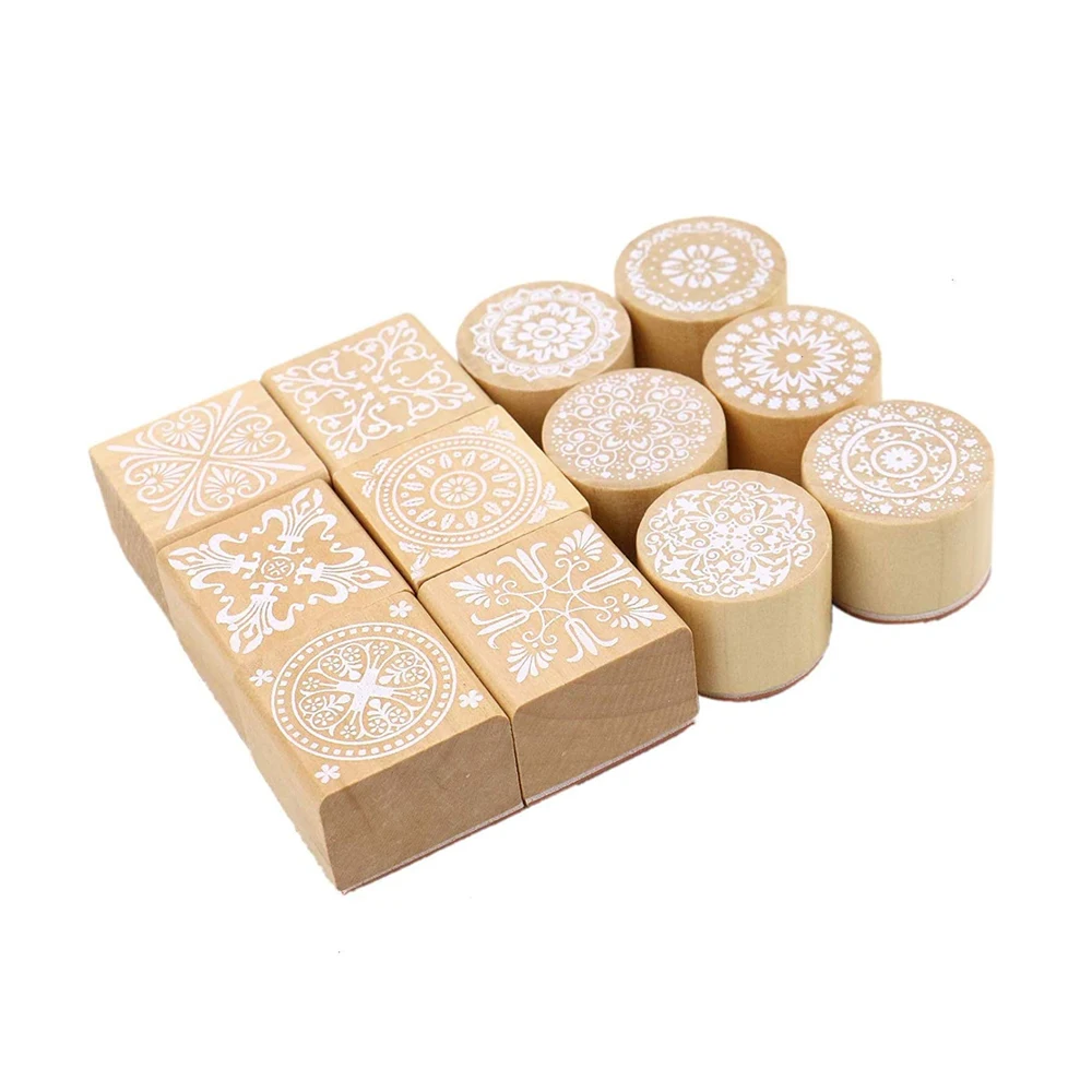 Wooden Emboss Stamps Floral Pattern Round Square Baroque Mandala Lace Texture Rubber Stamp for Ceramic Pottery Polymer Clay Tool
