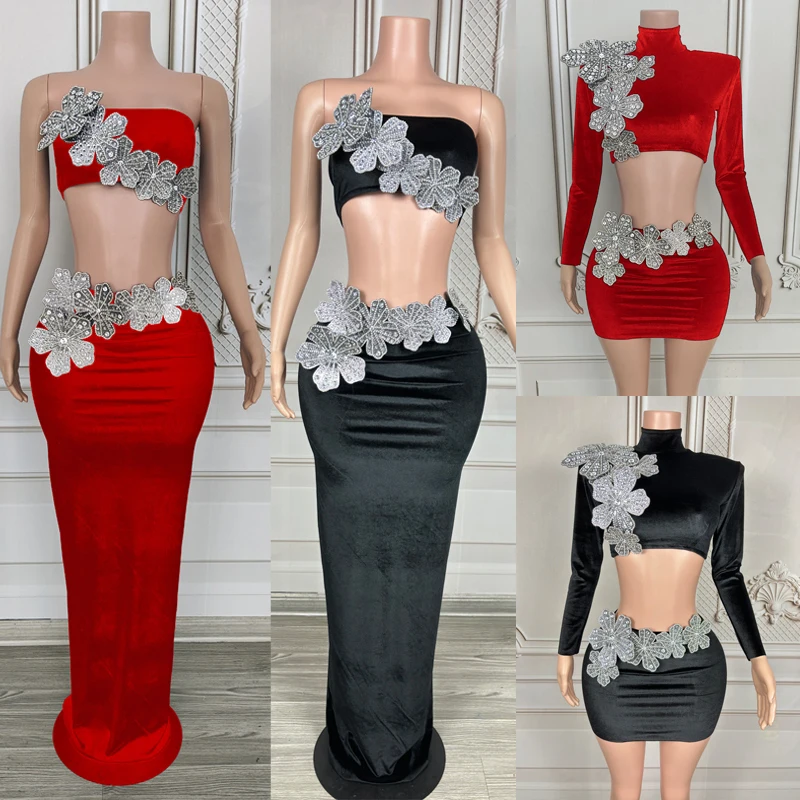 

Flower Rhinestones Velvet Party Dress Women Celebrate Festival Outfit Evening Dresses Singer Model Stgae Catwalk Wear XS8864