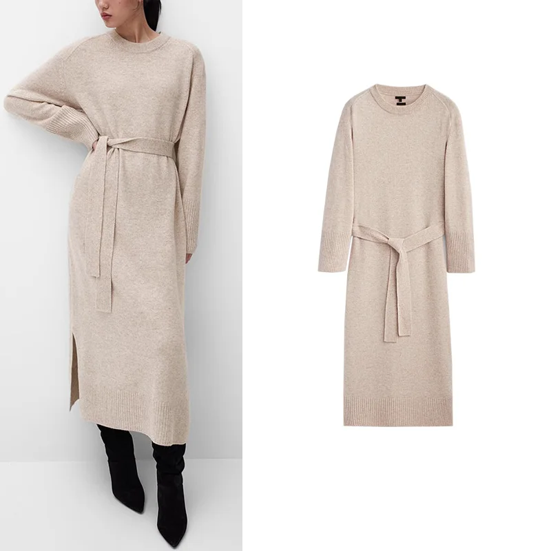 Loose Casual round Neck Knitted Base Long Dress Belted MD Women's New Autumn Dress Polyester Fiber 100% Long Sleeve