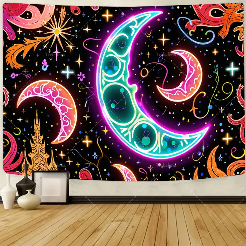 

1шт настенный гобелен неоновый гобелен в форме полумесяца с узорами звездного ночного неба и бохо