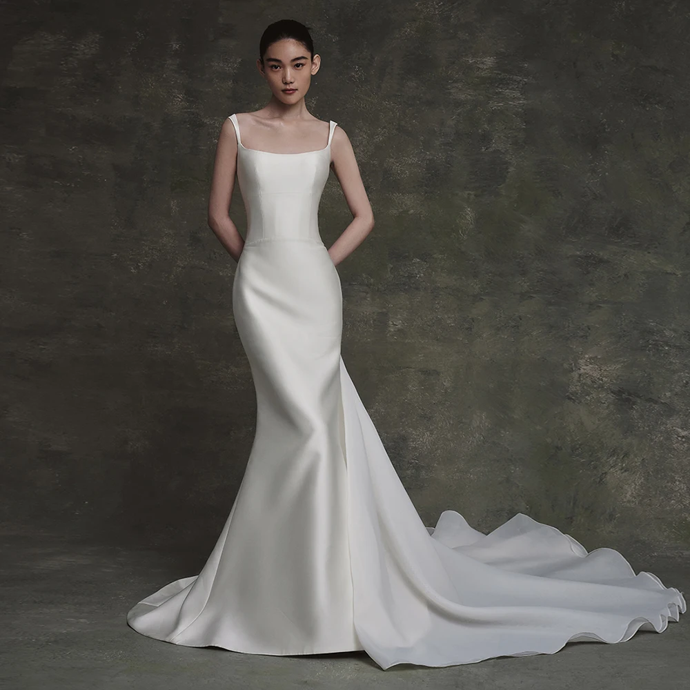 

Square Collar Mermaid Wedding Dress With Detachable Train Sleeveless Sweep Train Elegant Satin Bridal Gown Robe De Mariée
