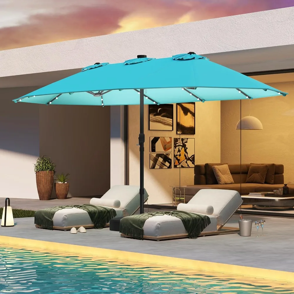 

15FT Double-Sided Solar Patio Umbrella, Extra-Large Outdoor Twin Umbrella with 48 LED Lights, Vented Top, Crank, Customized