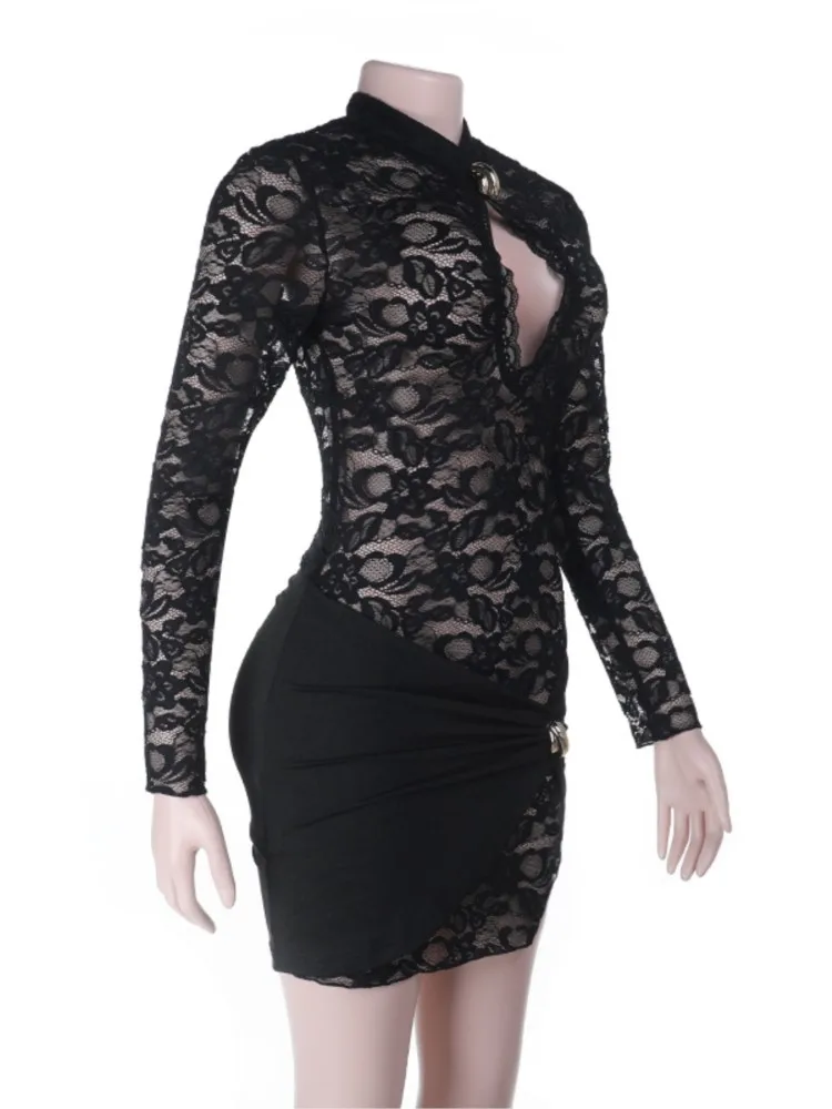 Vrouwen sexy kanten mini-jurk uitgehold lange mouwen avondfeest clubjurken vintage casual bodycon doorzichtige vestidos