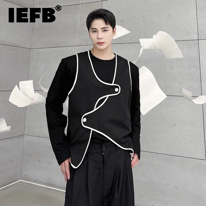 IEFB Men\'s Vest White Edge Dark Style 2024 New Summer Fashion Male Clothing Casual Sleeveless Tank Top Single Breasted 9C5232