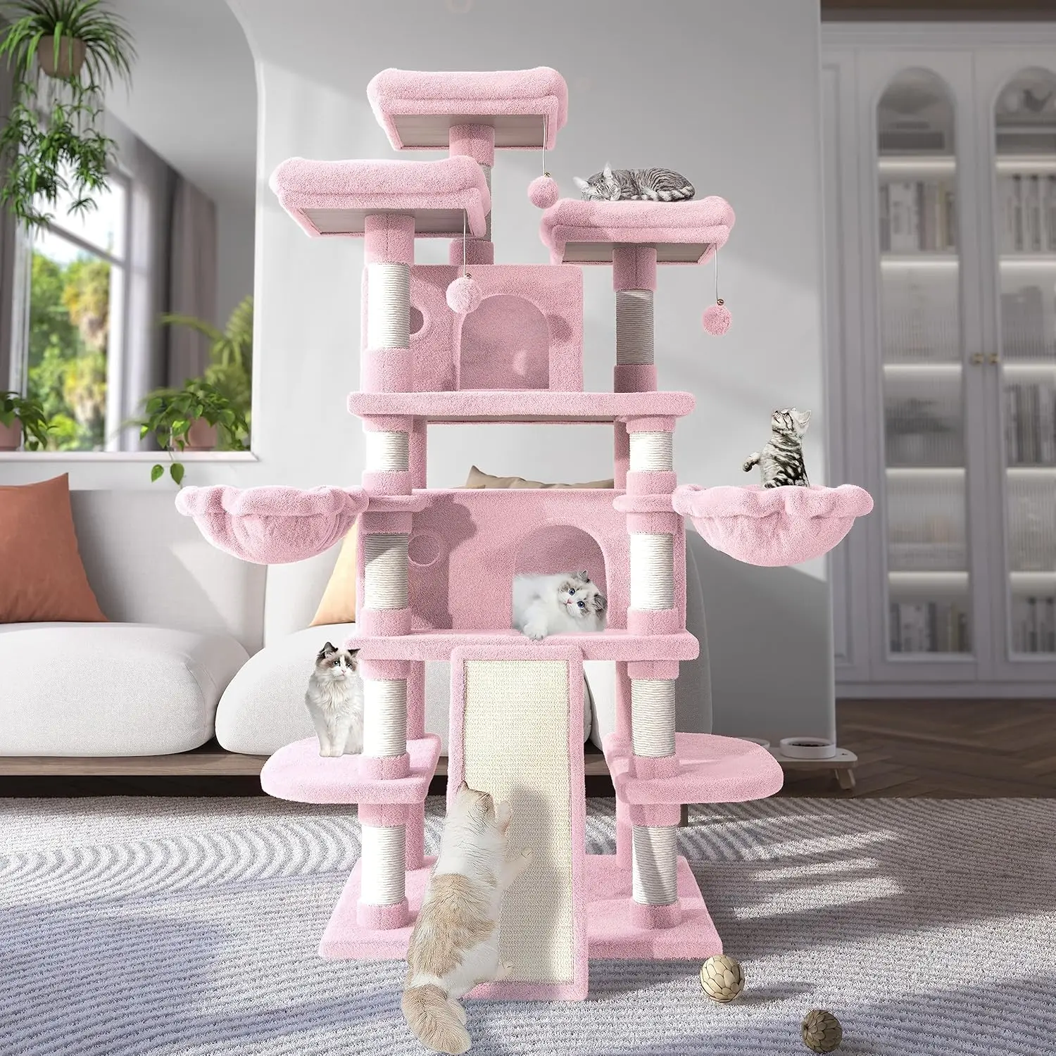 WEEWAY 68 Inches Multi-Level Large Cat Tree for Cats/Big Cat Tower/Cat Condo/Cozy Plush Cat Perches/Fluffy Balls/Sisal Scratchin