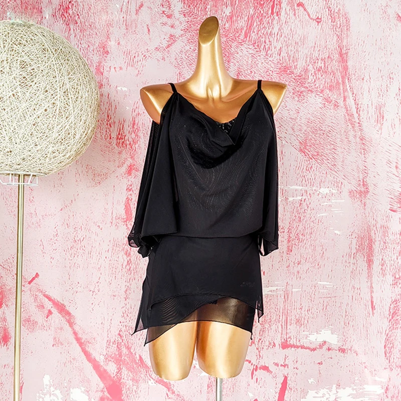

Sexy Latin Performance Dress New Summer Black Sling Dresses Women Latin Training Clothes Rumba Cha Cha Practice Dancewear 3339