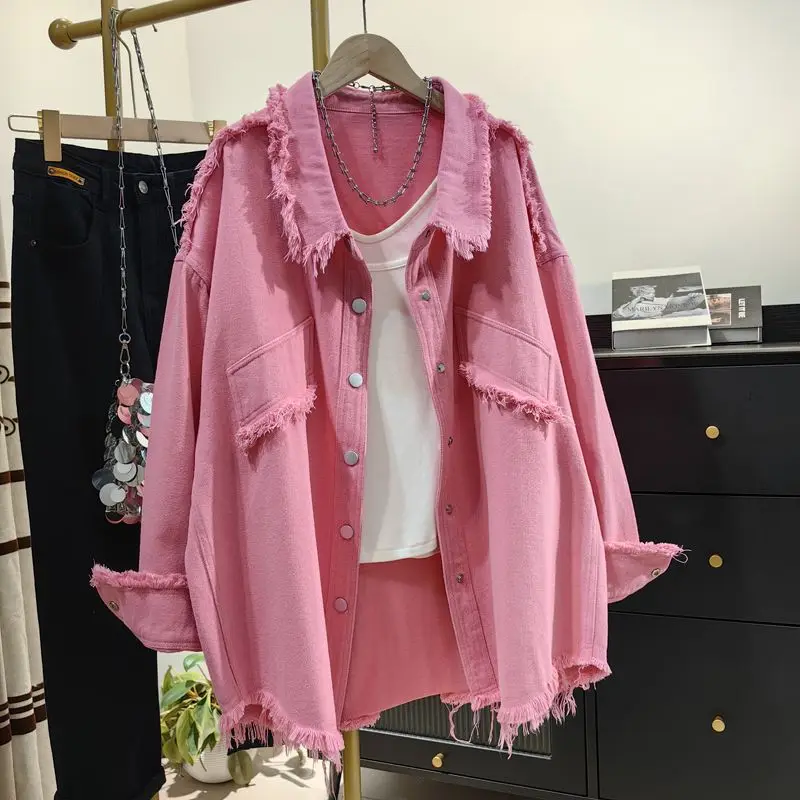 

Fashion Lapel Neck Denim Shirt Coat Women Y2k Loose Long Sleeve Jackets 2025 Spring Autumn New Single Breasted Tops Mujer