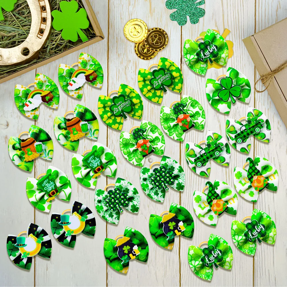 20PCS Saint Patrick\'s Day Pet Supplies Dog Bows Puppy Cat Hair Bows Rubber Bands for Dogs Cute Headwear Dog Hair Accessories