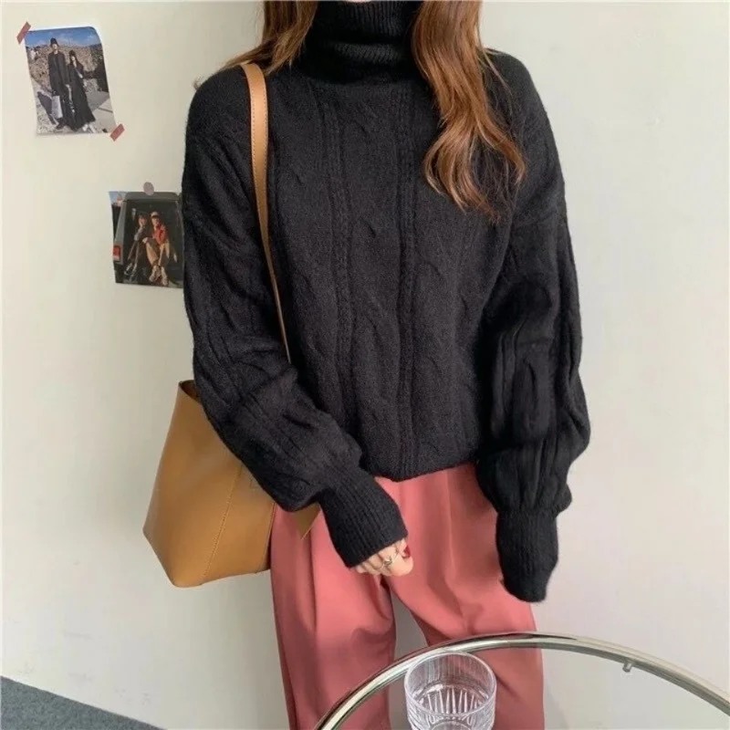Korean Solid Color Pullover Long Sleeve Sweater Knitted Casual Fashion Elegant Women\'s Clothing Autumn Winter Turtleneck Tops