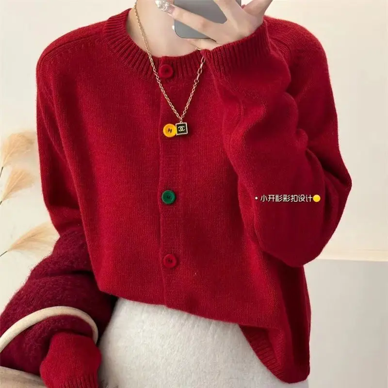 Japanese Sweet and Fresh Round Neck Colorful Button Knitwear Coat Academy Style Western Versatile Sweater Women\'s Cardigan