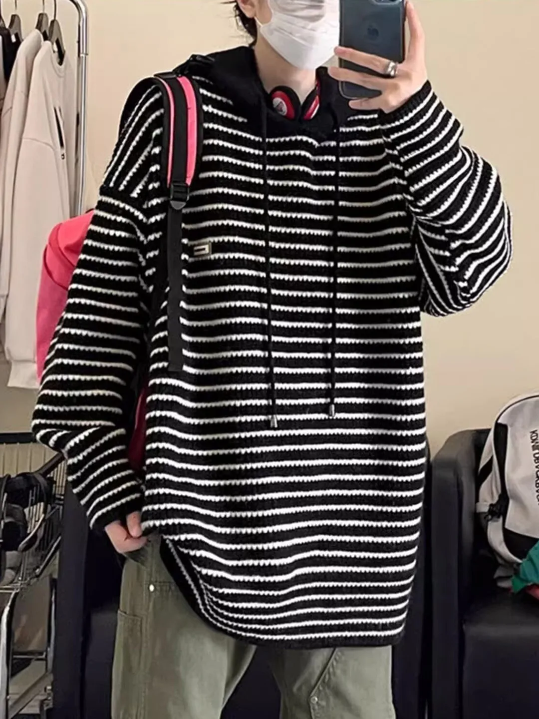 

Men's Loose Fit Striped Color Blo Hoodie Knitwear Vintage Japanese Sle y Lazy Sle Outerwear Long Sve Crew Ne